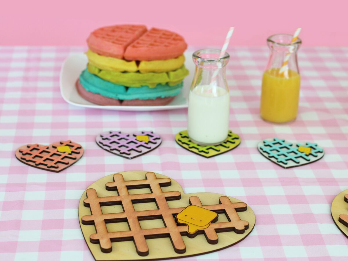 Kawaii Heart Shaped waffle trivet and coaster with rainbow waffle stack. So cute