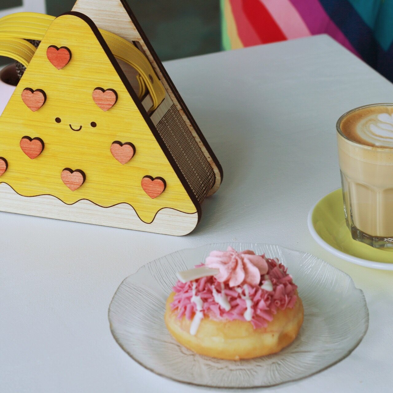 Handmade Wooden Cute Pizza Purse with Hearts and Kawaii details. Handpainted by Dapper Animals