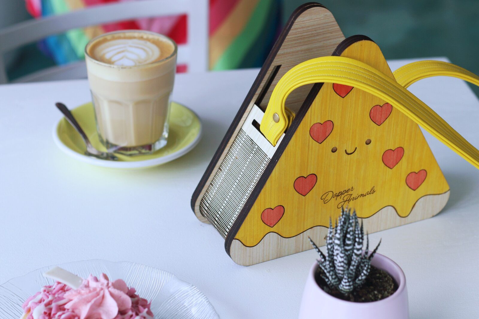 Handmade Wooden Cute Pizza Purse with Hearts and Kawaii details. Handpainted by Dapper Animals