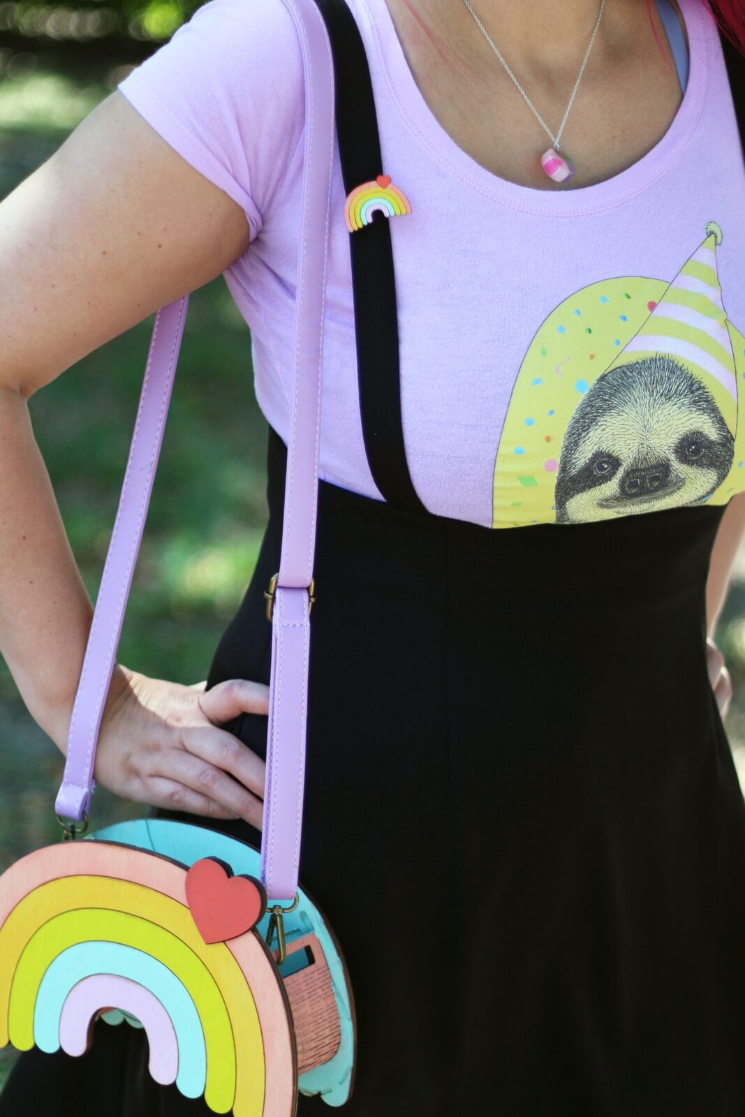 Cute Rainbow with heart wooden pin. Hand-painted by Dapper Animals. Rainbow Bag Limited edition.