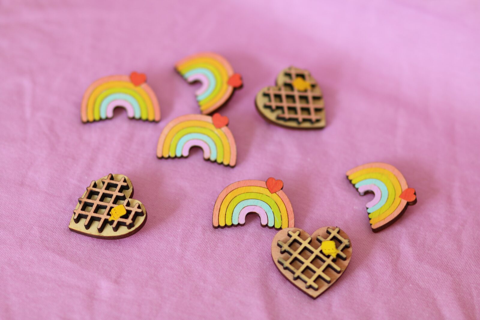Cute Rainbow with heart wooden pin. Hand-painted by Dapper Animals