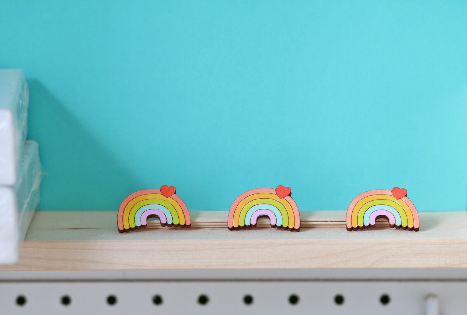Cute Rainbow with heart wooden pin. Hand-painted by Dapper Animals