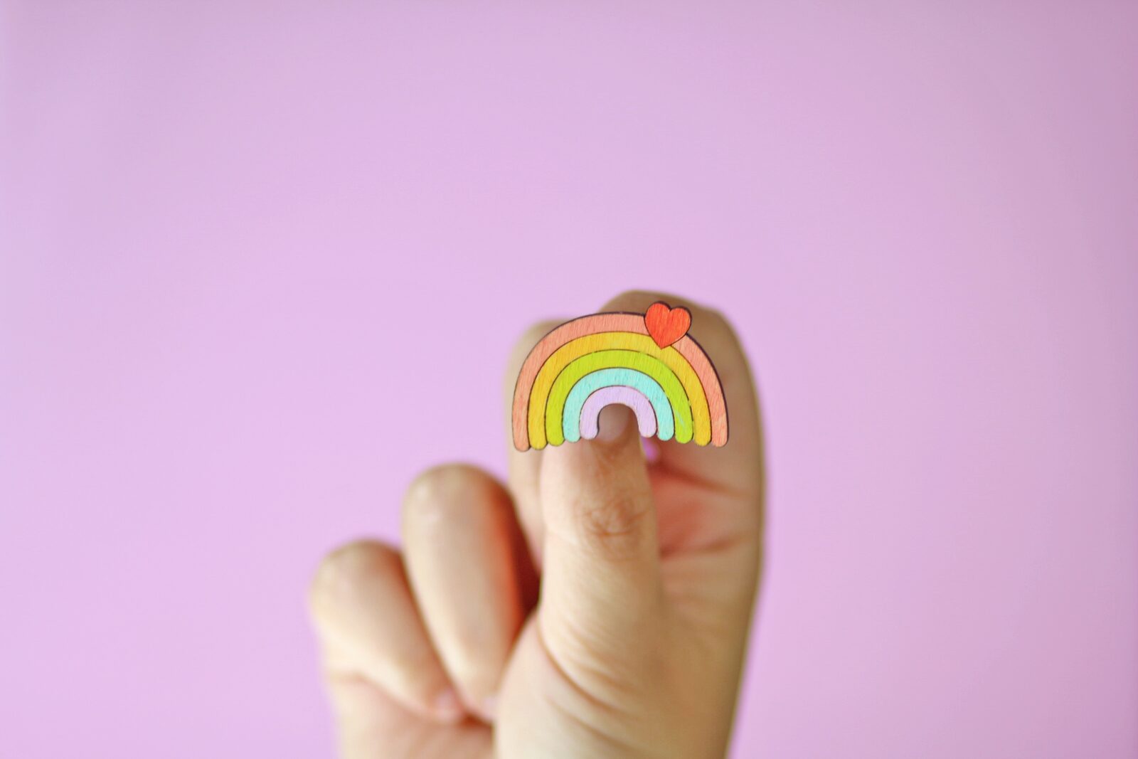 Cute Rainbow with heart wooden pin. Hand-painted by Dapper Animals