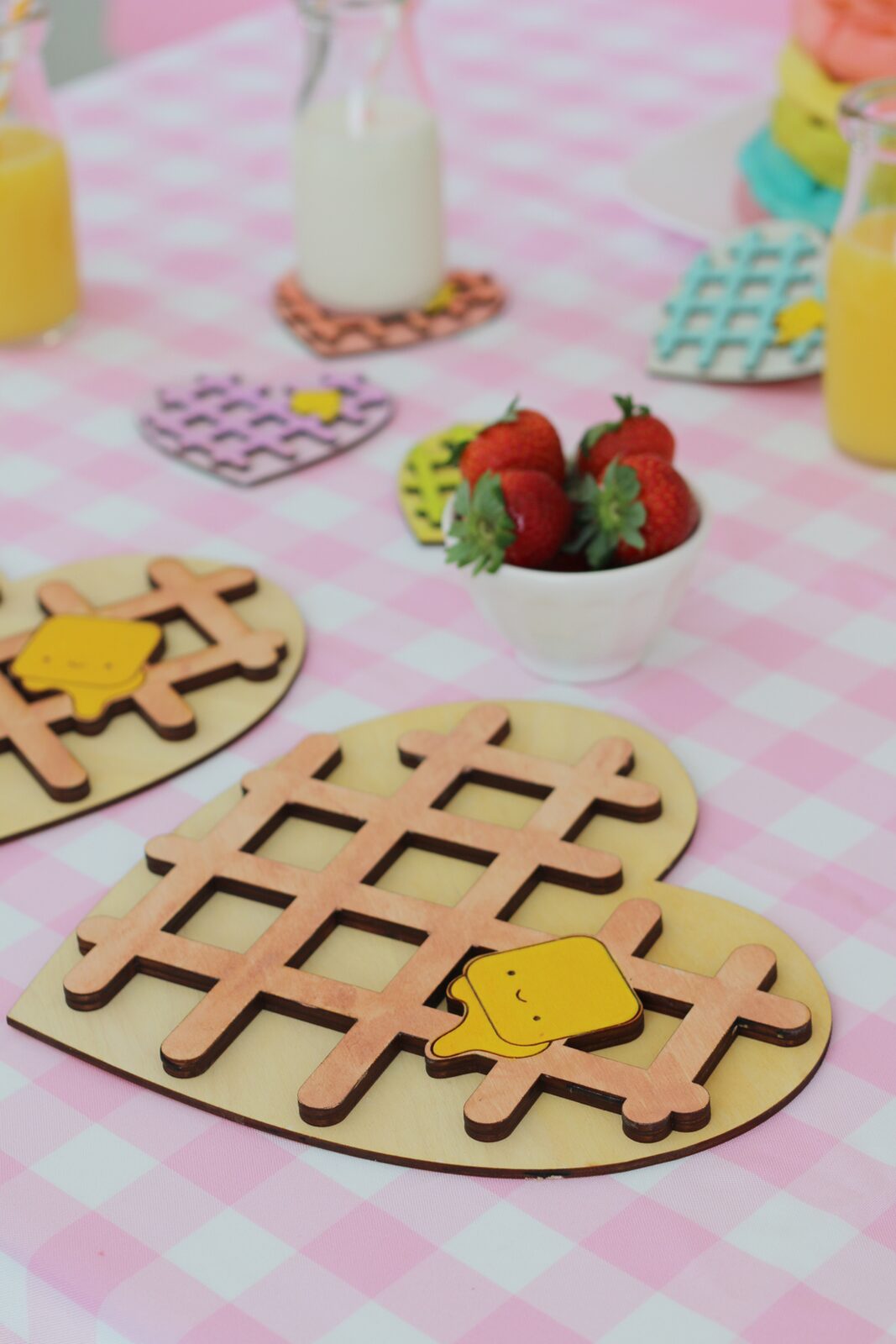 Kawaii Heart Shaped waffle trivet and coaster with rainbow waffle stack. So cute