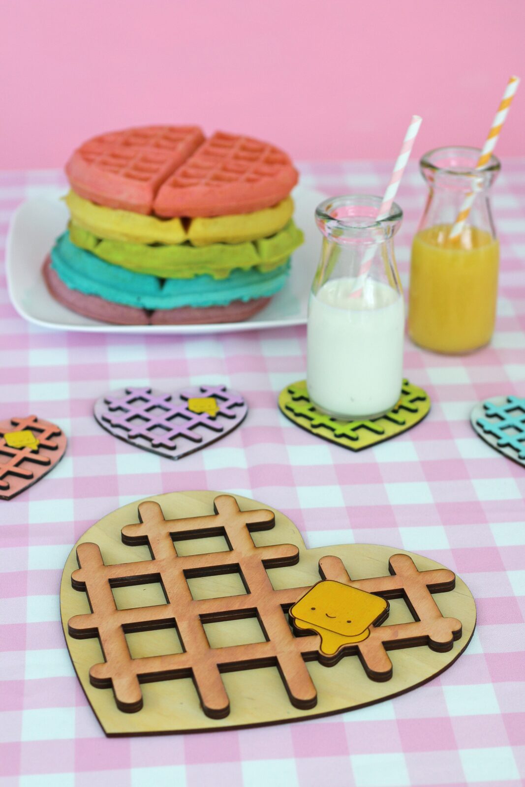 Kawaii Heart Shaped waffle trivet and coaster with rainbow waffle stack. So cute