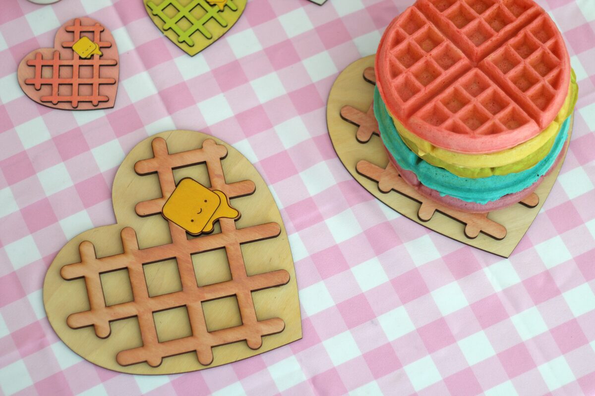 Kawaii Heart Shaped waffle trivet and coaster with rainbow waffle stack. So cute