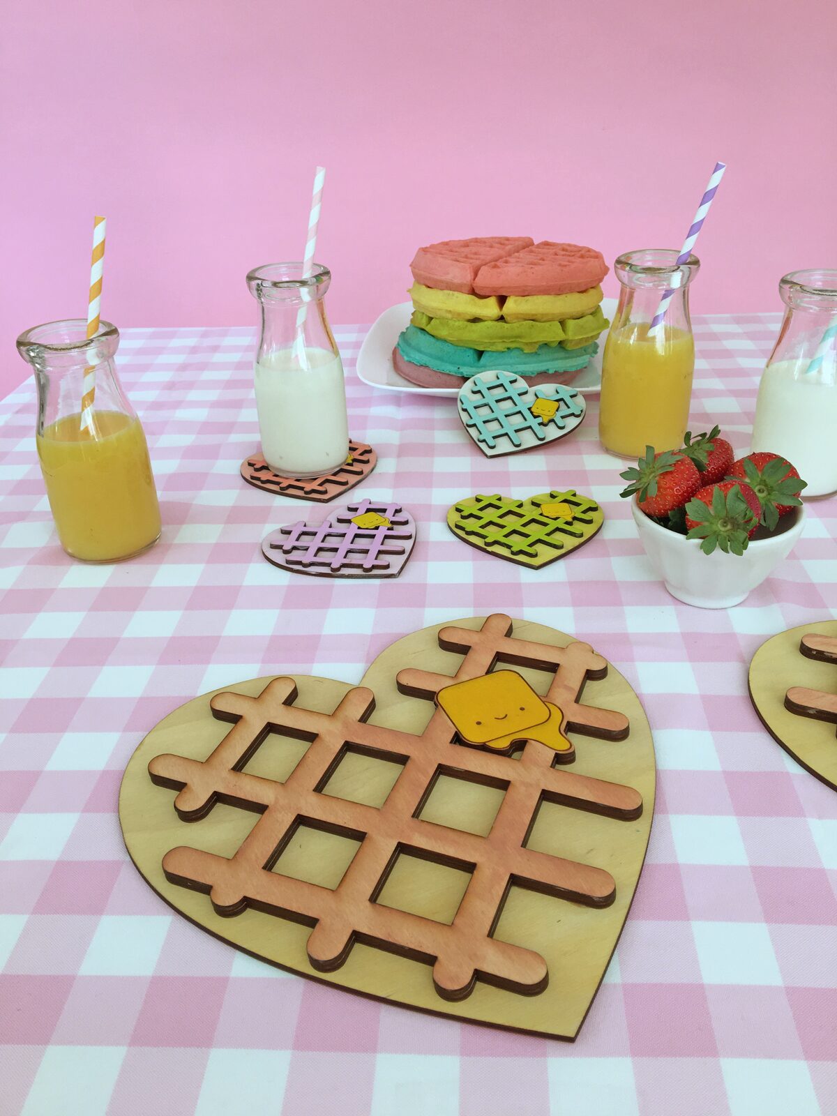 Kawaii Heart Shaped waffle trivet and coaster with rainbow waffle stack. So cute